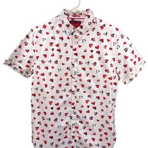 Denim & Flower White Cotton  Shirt with Red and Black Heart Design Medium